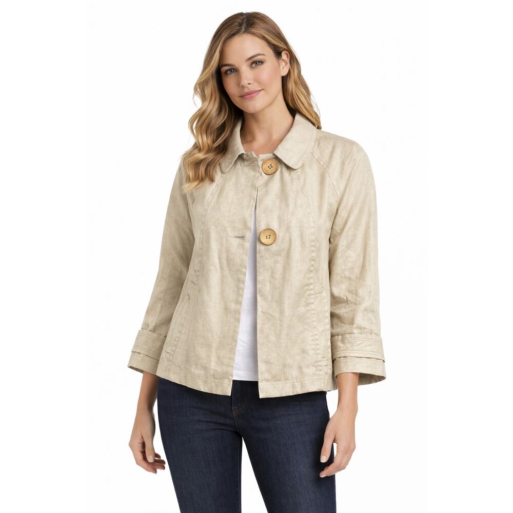 Tribal Jacket Women Beige Linen Button Front 3/4 Sleeve Lightweight Size 2